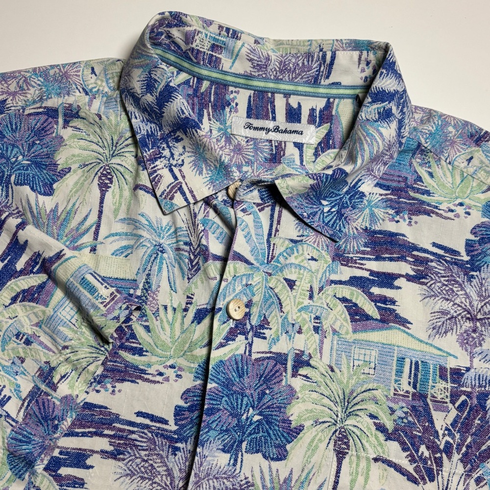 Tommy Bahama Tropical Linen Hawaiian Shirt Mens XL Palm Tree Bungalow Print Blue